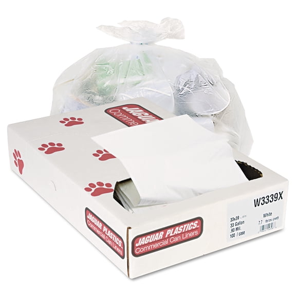 Jaguar Plastics Industrial Strength Commercial Trash Bags, 33 Gallon Extra Heavy Duty Can Liners, 0.9 Mil White LLDPE, 100/Carton