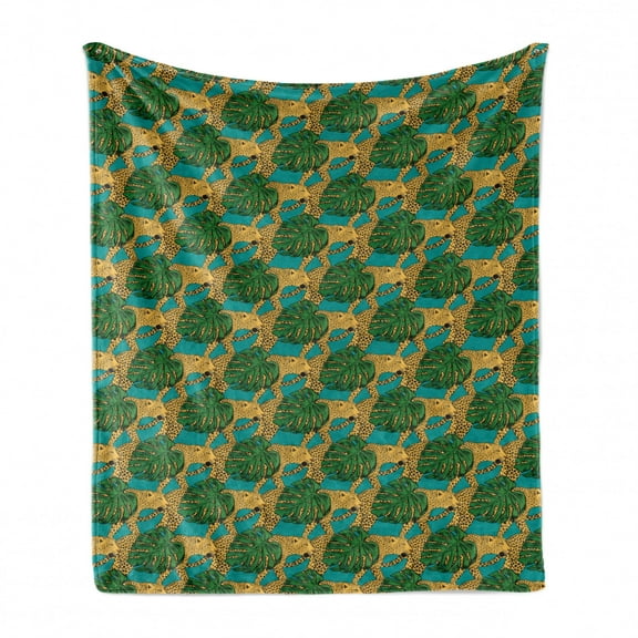 Jaguar Soft Flannel Fleece Blanket, Animals and Monstera Leaves Hand Drawn Tropical Elements Jungle Fauna Pattern, Cozy Plush for Indoor and Outdoor Use, 50" x 70", Yellow Teal Green, by Ambesonne