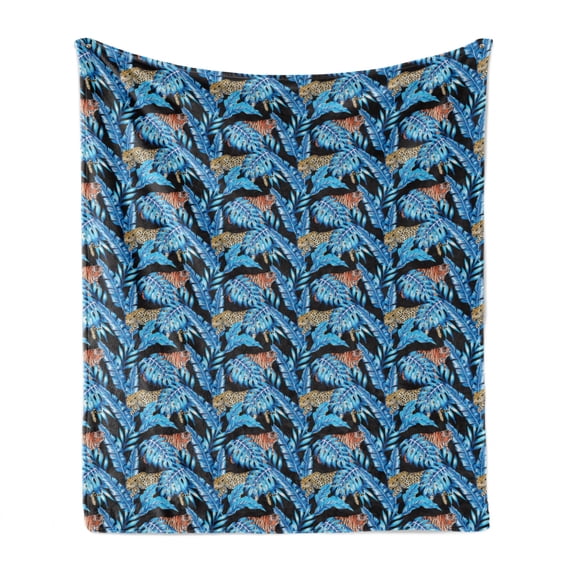 Jaguar Soft Flannel Fleece Throw Blanket, Animals with Blue Tropical Leaves Hawaiian Jungle Design Exotic Flora and Fauna, Cozy Plush for Indoor and Outdoor Use, 50" x 60", Multicolor, by Ambesonne
