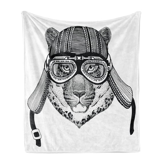 Jaguar Soft Flannel Fleece Throw Blanket, Monochrome Hipster Wild Cat with Old Motorcycle Equipment Vintage Style Pattern, Cozy Plush for Indoor and Outdoor Use, 60" x 80", Black White, by Ambesonne