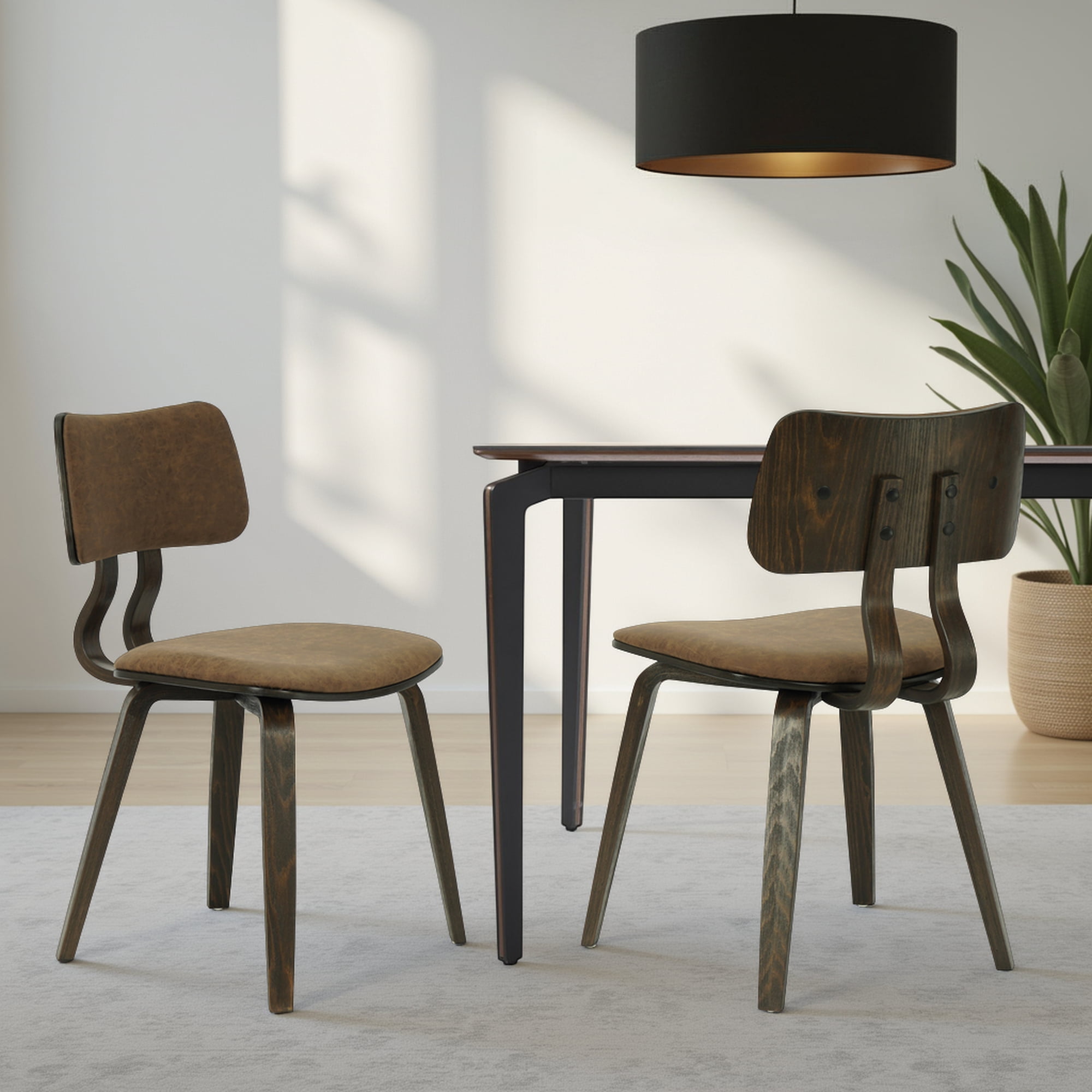 Jaguar Vintage Dark Brown Curved Back Wood Dining Chair with Faux Leather Seat
