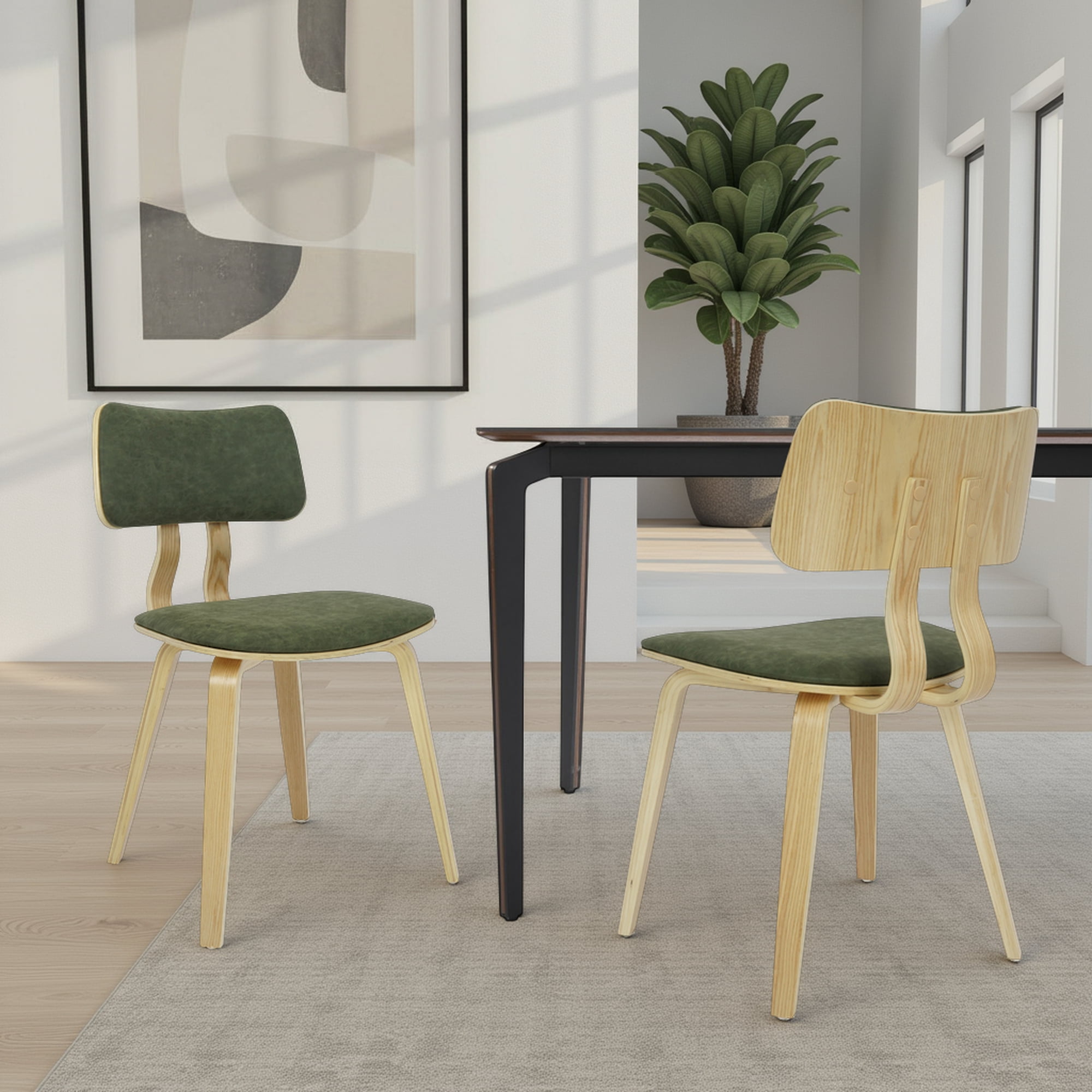 Jaguar Vintage Green Curved Back Wood Dining Chair with Faux Leather Seat Set of 4