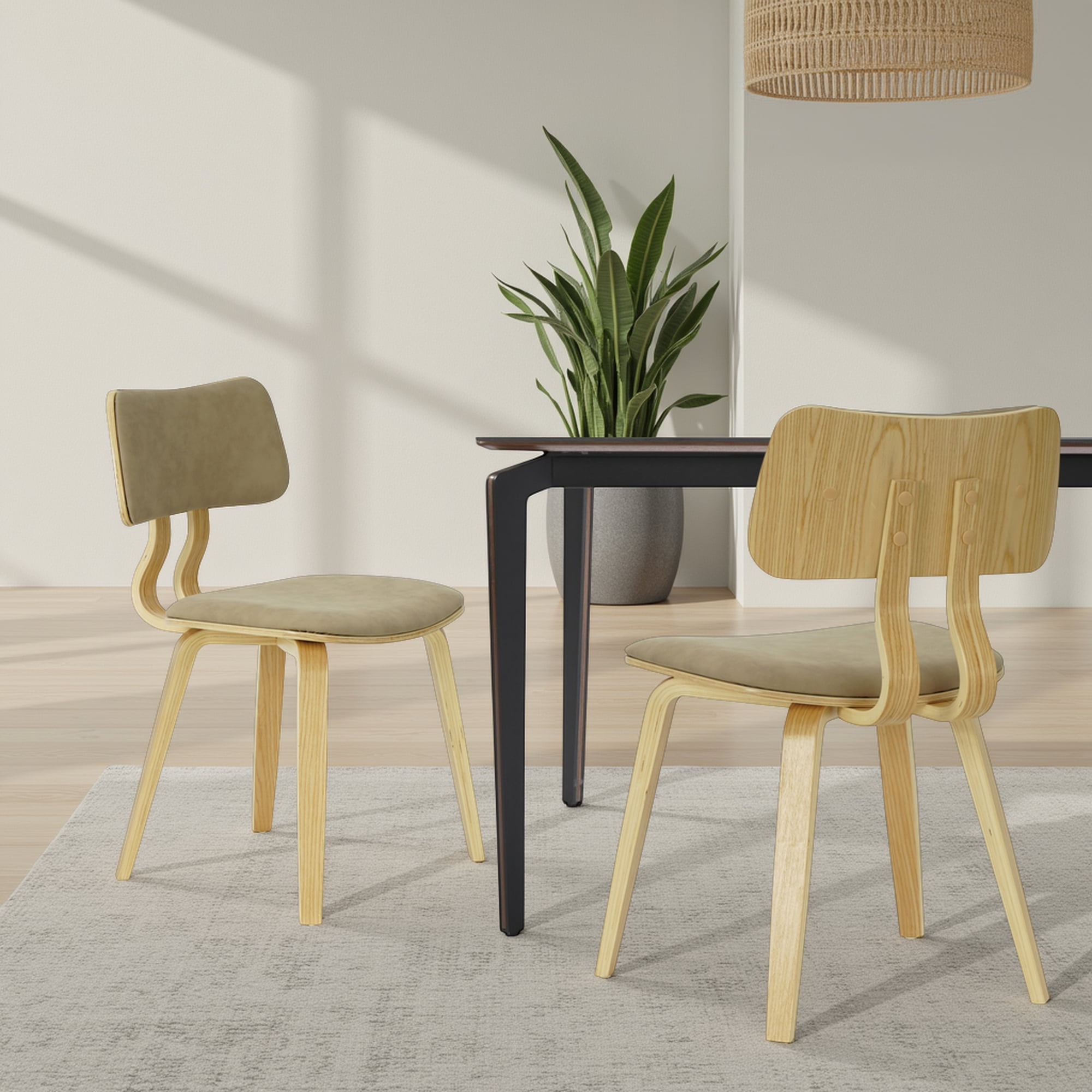 Jaguar Vintage Taupe Curved Back Wood Dining Chair with Faux Leather Seat Set of 2