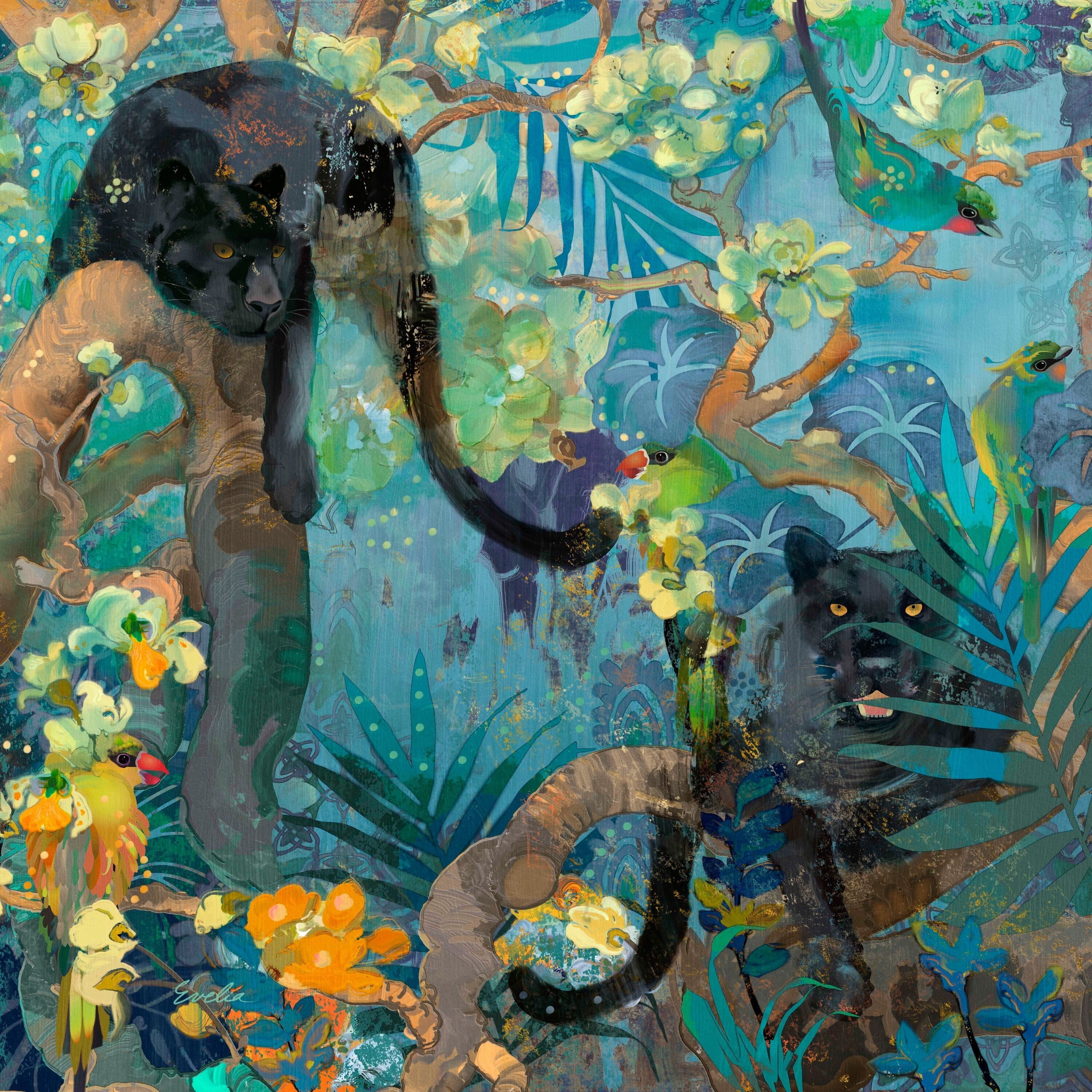 Jaguar and Green Parrots Blue Canvas Wall Art 24" x 24"