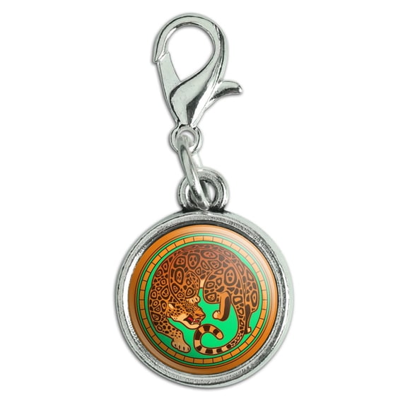 Jaguar in Gold Circle Antiqued Bracelet Pendant Zipper Pull Charm with Lobster Clasp