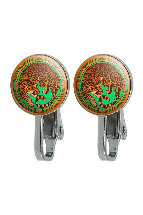 Jaguar in Gold Circle Novelty Clip-On Stud Earrings