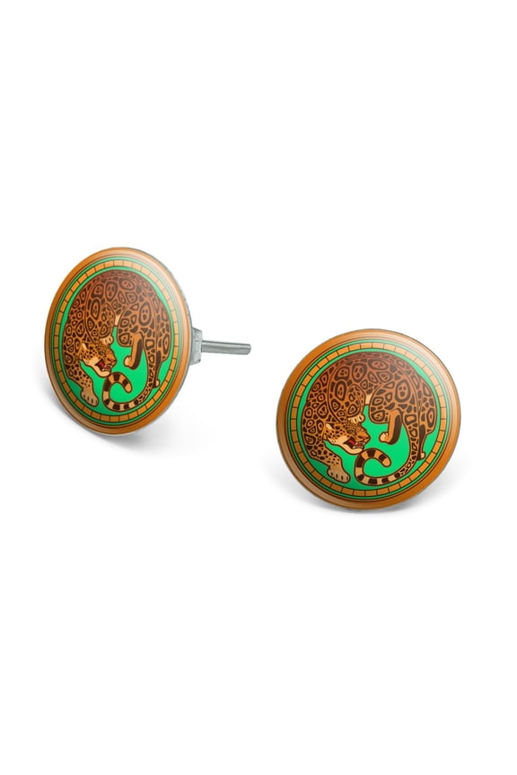 Jaguar in Gold Circle Novelty Silver Plated Stud Earrings