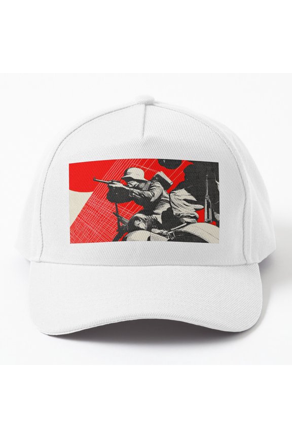Retro War Soldiers Illustration – Bold Red Graphic Art With Military Detail Cap Hats For Men, Gift For Him