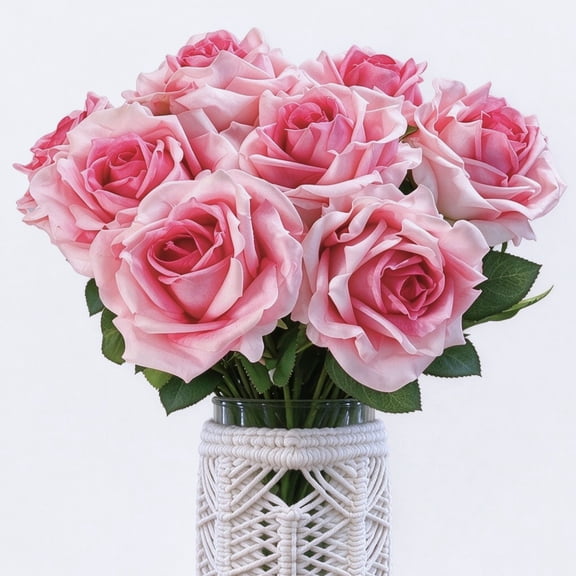 Jahe Artisan 8Pcs Pink Roses Artificial Flowers 17inch with Long Stem, Home Decor Wedding Party Arrangements