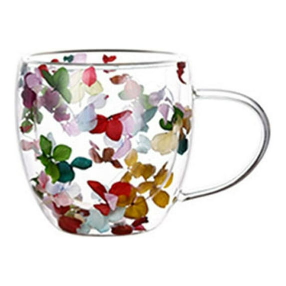 Jahhsay® Dry Flowers Double Wall Glass Cup With Handle Heat Resistant Coffee Tea Mug UK D4E5