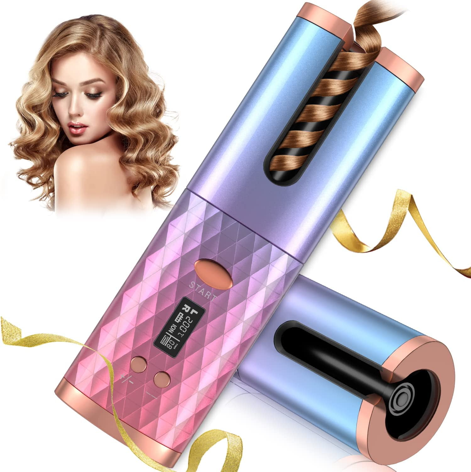 Jahy2Tech Automatic Curling Iron, Cordless Hair Curler, Wireless Rotating Hair Curler with 6 Temp & Timer LCD Display USB Rechargeable, Fast Heating & Auto Shut Off (Pink)