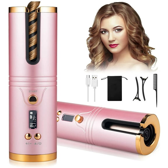 Jahy2Tech Cordless Curling Iron,Automatic Curling Iron, Curly Hair Iron,Portable Rechargeable Fast Heating Hair Curling Wand with 6 Temps, Timer Setting, LCD Display, Prevent Scalding, USB Charging