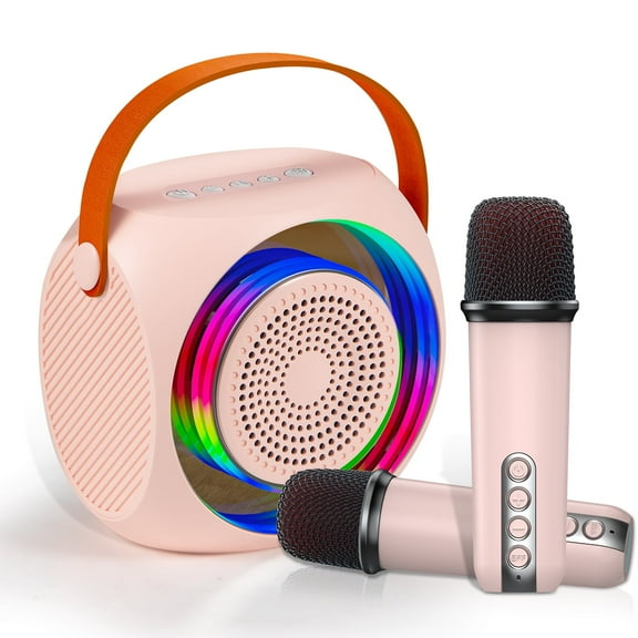 Jahy2Tech Portable Karaoke Machine with RGB Led Lights Cute Bluetooth Speaker with 2 Wireless Microphones Singing Machine for Kids Audlt Gift Party Outings Home 2023 Pink