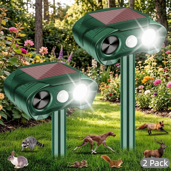 JahyElec 2 Pack Ultrasonic Animal Repeller Outdoor,Cat Repellent Deer Repellent Devices with Strobe Light Solar Animal Deterrent Device for Rabbit Raccoon Dog Squirrel Skunk Repellent for Yard Garden
