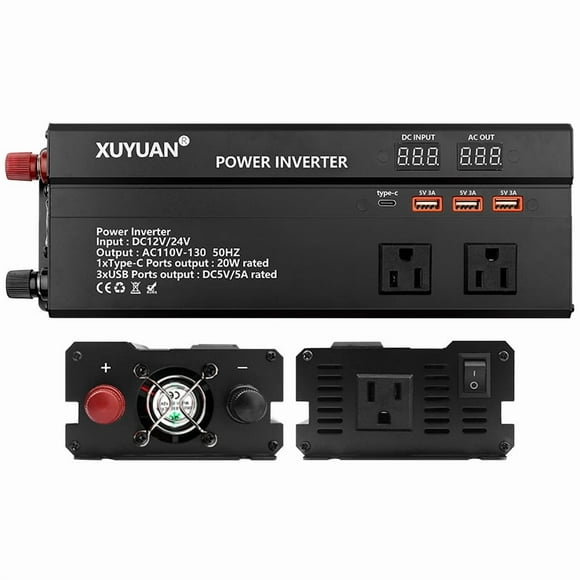 JahyElec 3000W Pure Sine Wave Power Inverter Universal DC 12V/24V to AC 110V 2-in-1 with LED Display 1Type-C 3 USB Ports