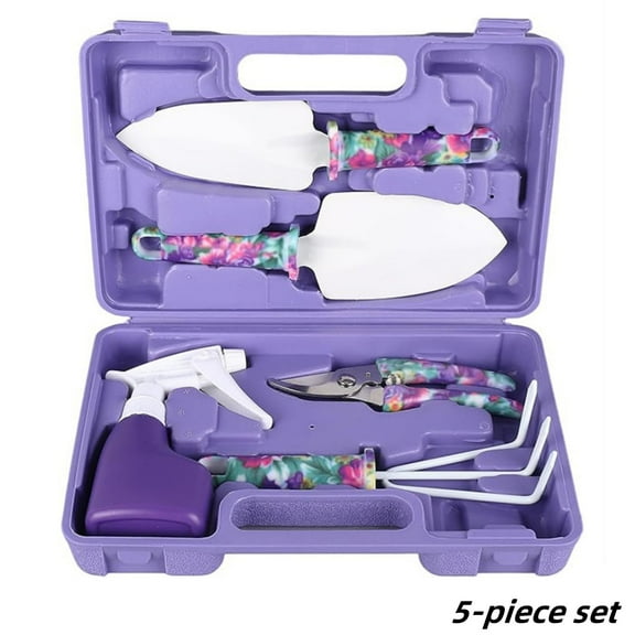 JahyElec Gardening Tool Set, 5-piece Gardening Gift Set Purple Floral Pattern Ergonomic Handles Includes Shovel Rake Pruning Shears Sprayer and Carrying Case