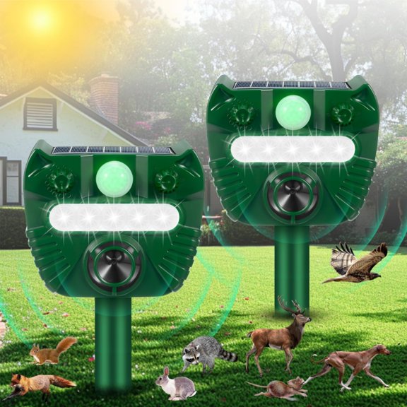 JahyElec Solar Power Ultrasonic Animal Repellent,2-Pack with Motion Sensor Flashing Light Waterproof Deer Repeller Devices Raccoon Repellent Coyote Deterrent Squirrel Repeller for Garden