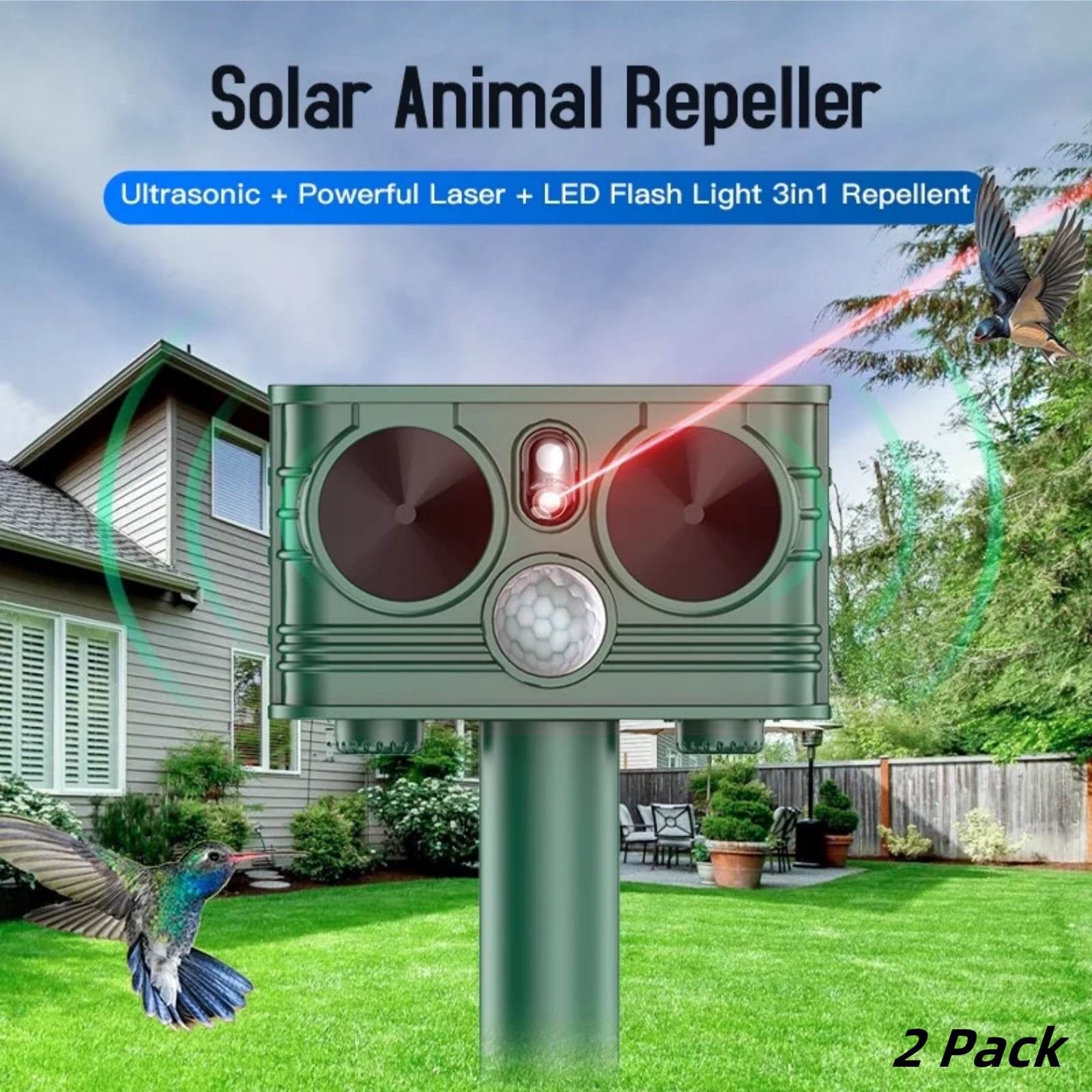 JahyElec Solar Ultrasonic Animal Repeller, 2 Pack Dog Repellent Outdoor Cat Repeller with LED Flashing and Inductive Probe Light for Deer Raccoon