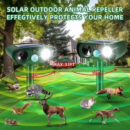 JahyShow 2 Pack Solar Animal Repeller Ultrasonic Animal Repellent Outdoor with Motion Sensor Flashing Light Waterproof Animal Deterrent Devices for Cat Skunk Deer Dog Raccoon Squirrel Rabbit Fox