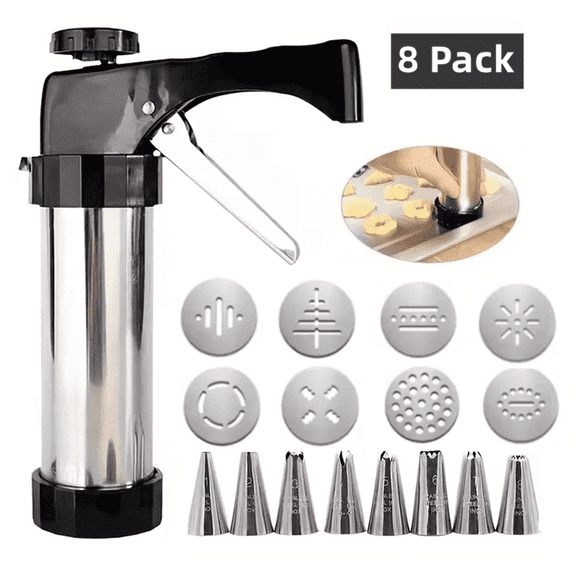 JahyShow Cookie Press Gun Kit Stainless Steel Spritz Cookie Maker with 8 Discs & 8 Piping Tips, Biscuit Press Icing Gun for Baking & DIY Pastries Cake