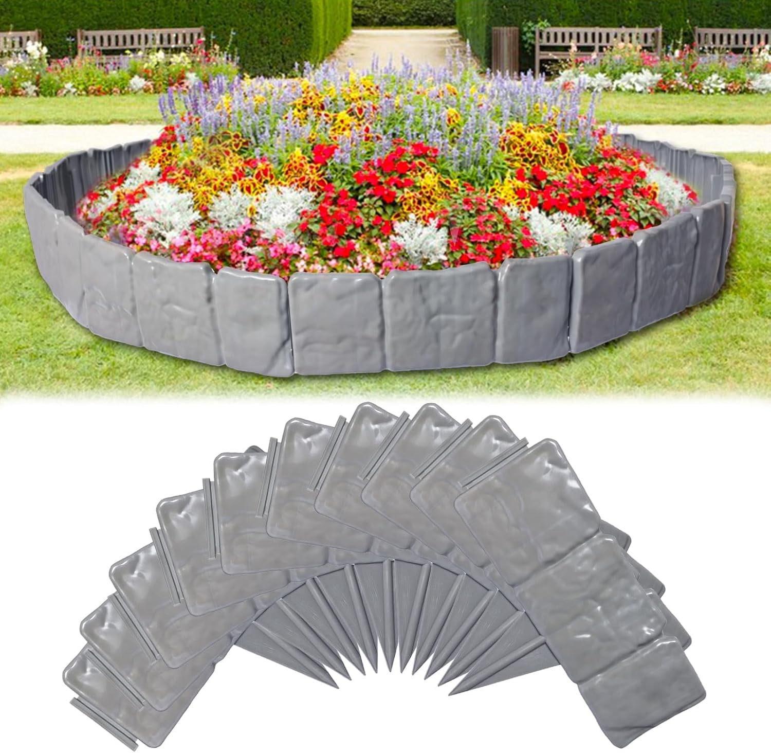 JahyShow Garden Edging Border with Anchoring Spikes,Plastic Landscape Edging Border Imitation Stone Fence for DIY Outdoor Yard Landscaping (30pcs/24 FT, Gray)