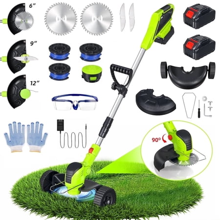 JahyShow Heavy Duty Electric Weed Wacker, 21V Cordless Brush Cutter with 12000 RPM Motor, 2 Batteries for Large Lawns