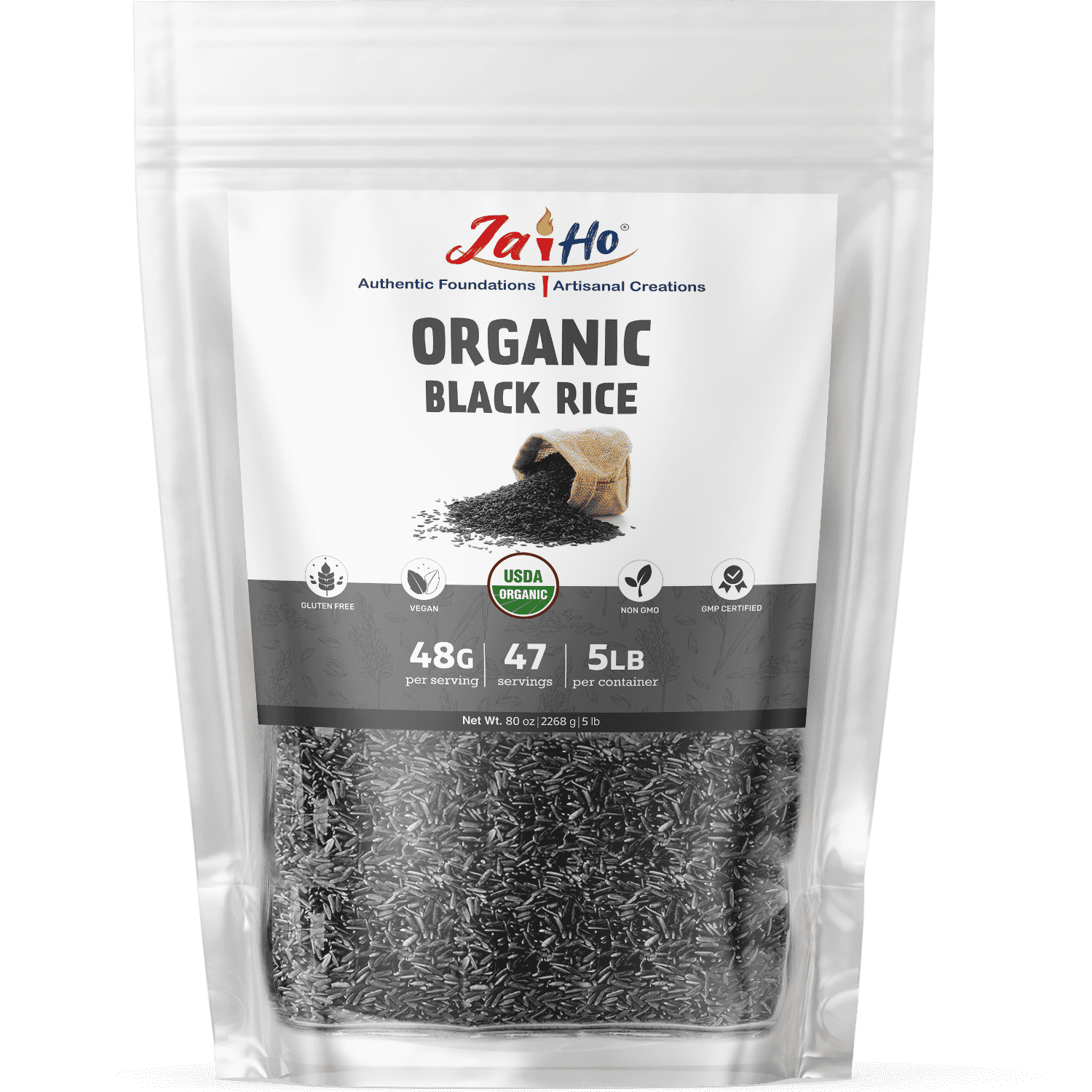 Jai Ho Certified Organic Black Rice 5 LB - Gluten Free, Vegan, Non-GMO - Resealable Zip Lock Pouch (Black Rice)
