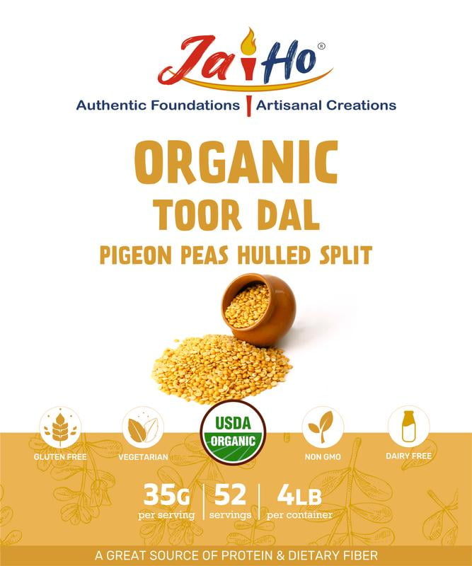 Jai Ho Organic Toor Daal 4 lb | Pigeon Peas Hulled Split | Indian Toor Daal | USDA Organic | Non-GMO | Chemical-Free | Kosher
