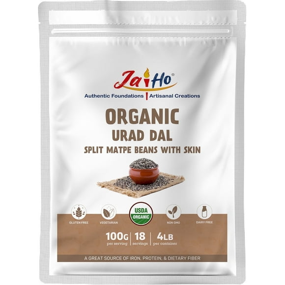 Jai Ho Organic Urad Dal with Skin (Split Matpe Beans) 4 Lb - USDA Organic | Non-GMO | Chemical-Free | Kosher