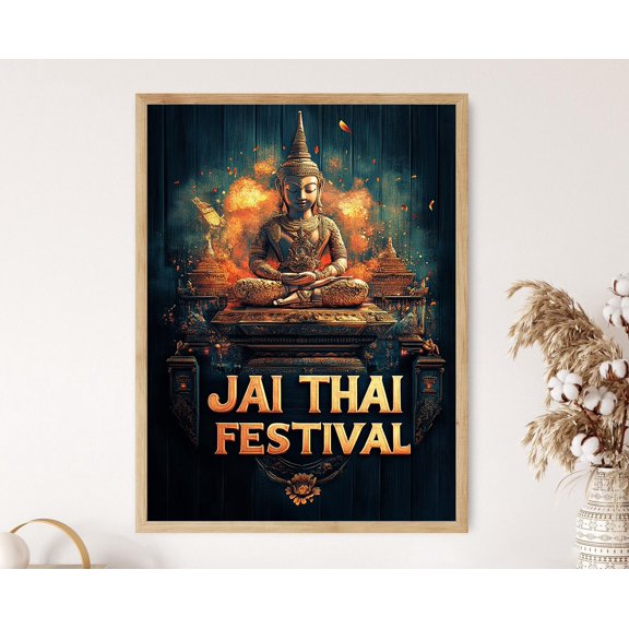 Jai Thai Festival Art Print, Vibrant Thai Cultural Poster, Buddhist Temple Illustration , Poster Print Only