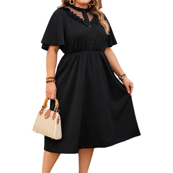 Jaimenalin Dress for Women Short Sleeve Rows Buttons A Line Dress Black XXXL