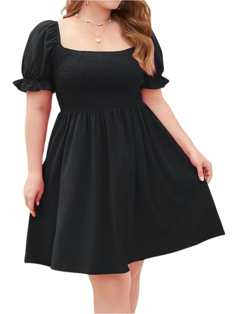 Jaimenalin Plus Size Women Casual Dress Square Neck Puff Sleeve Smocked Waist Flowy Short Dress for Vacation Black L