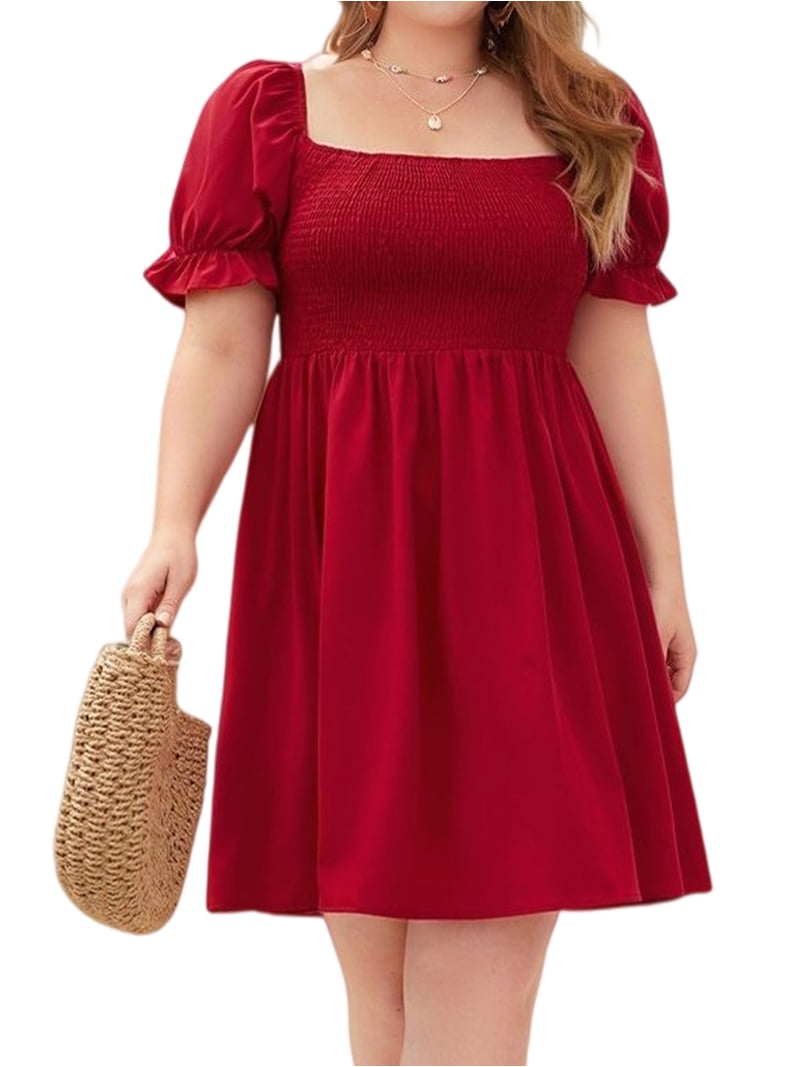 Jaimenalin Plus Size Women Casual Dress Square Neck Puff Sleeve Smocked Waist Flowy Short Dress for Vacation Wine Red XXL, Women's, Size: 2XL