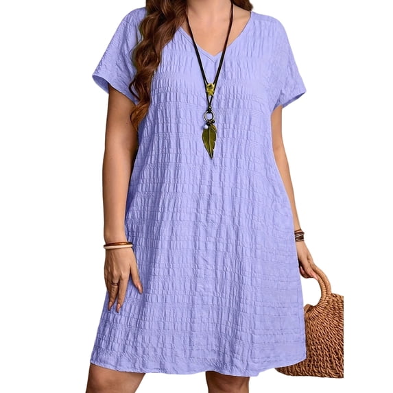Jaimenalin Plus Size Women Solid V Neck Dress Loose Short Sleeve Textured Casual Summer Tunic Dress Lavender XL