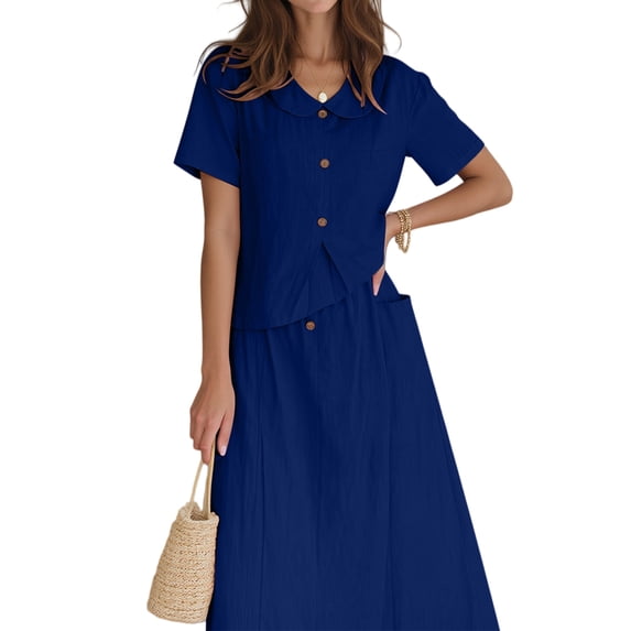 Jaimenalin Summer Skirt Set Women 2 Piece Outfits Short Sleeve Top Elastic Waist Maxi Dress Sets with Pockets XXL