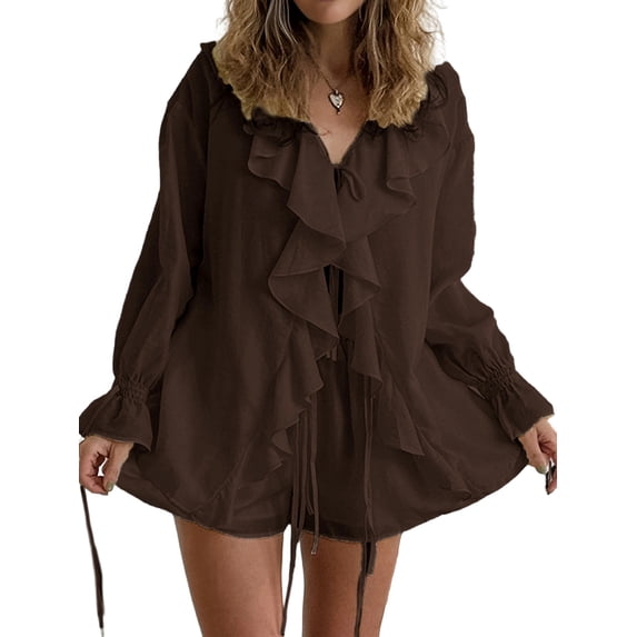 Jaimenalin Women 2 Piece Outfits V Neck Ruffle Tie Front Blouse Tops Lounge Sets Brown S
