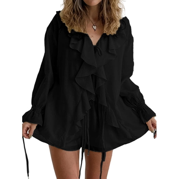 Jaimenalin Women 2 Piece Outfits V Neck Ruffle Tie Front Blouse Tops Lounge Sets