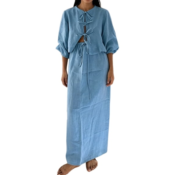 Jaimenalin Women 2 Piece Skirt Sets Oversized Long Sleeve Top and Maxi Skirts Travel Vacation Set Blue S