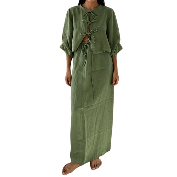Jaimenalin Women 2 Piece Skirt Sets Oversized Long Sleeve Top and Maxi Skirts Travel Vacation Set Green S