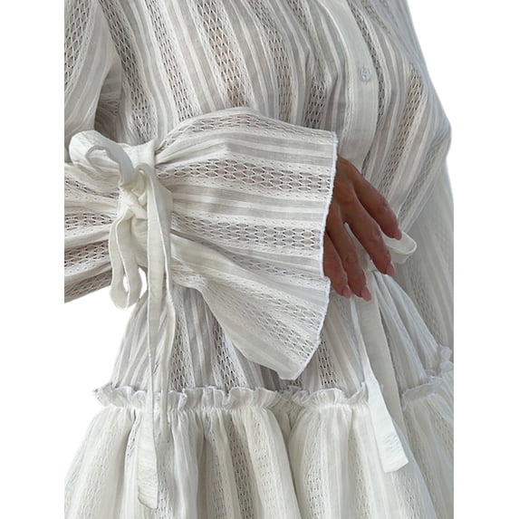 Jaimenalin Women Dresses Knot Front Scoop Neck Ruffle Long Sleeve Floral Print Swing Mini Dress White L