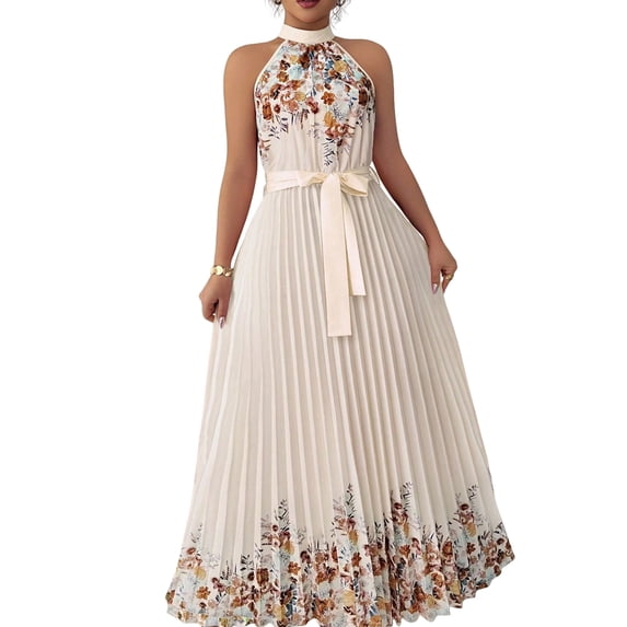 Jaimenalin Women Elegant Floral Halter Maxi Dress Classy Pleated A Line Flowy Summer Wedding Guest Dress Color M