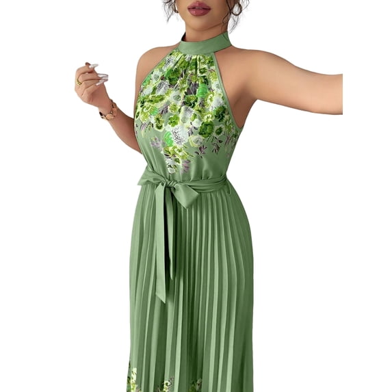 Jaimenalin Women Elegant Floral Halter Maxi Dress Classy Pleated A Line Flowy Summer Wedding Guest Dress Emerald Green M