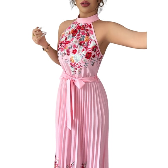 Jaimenalin Women Elegant Floral Halter Maxi Dress Classy Pleated A Line Flowy Summer Wedding Guest Dress Pink M