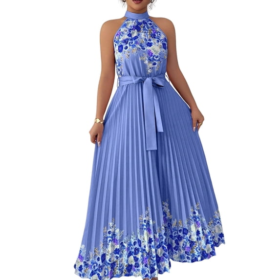 Jaimenalin Women Elegant Floral Halter Maxi Dress Classy Pleated A Line Flowy Summer Wedding Guest Dress XL