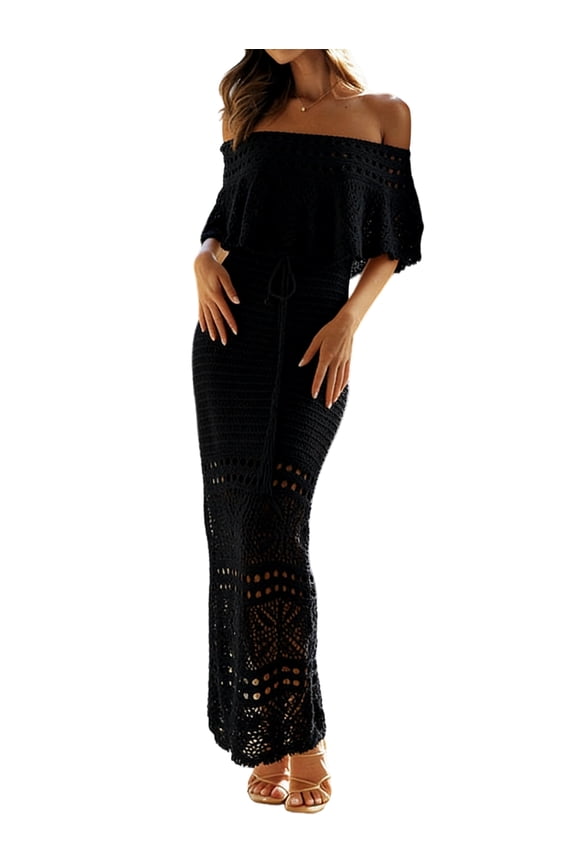Women Eyelet Dress Summer Vacation Resort Maxi Dresses Black XXL