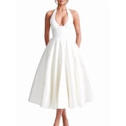 Jaimenalin Women Floral Jacquard Satin Prom Dresses Tea Length Halter Deep V-Neck Formal Evening Party Gowns White M