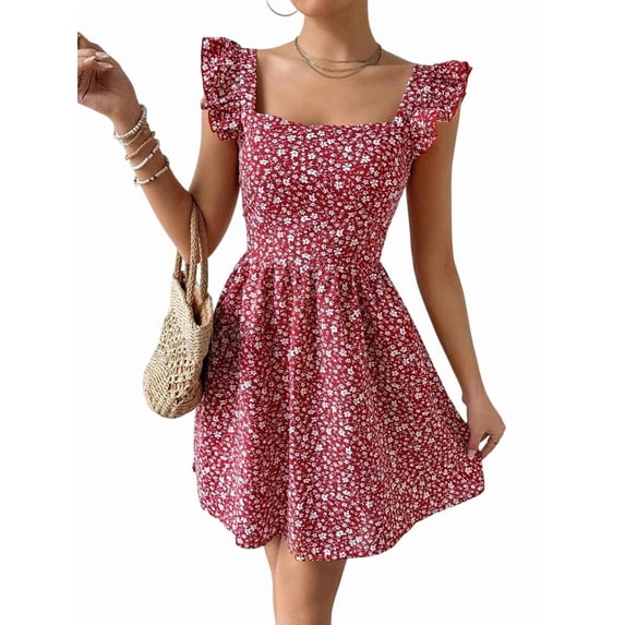 Jaimenalin Women Floral Mini Dress Square Neck Ruffle Shoulder Back Tie A Line Sundress Red M