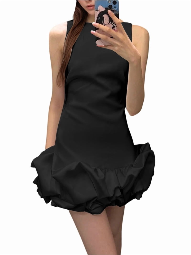 Jaimenalin Women Ruffle Bubble for Mini Dress Sleeveless Ruched Hem Bodycon Dresses Tank Short Dress Black S