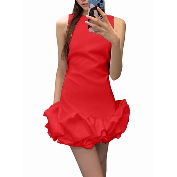 Jaimenalin Women Ruffle Bubble for Mini Dress Sleeveless Ruched Hem Bodycon Dresses Tank Short Dress Red M
