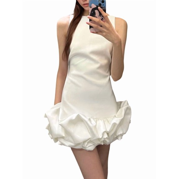 Jaimenalin Women Ruffle Bubble for Mini Dress Sleeveless Ruched Hem Bodycon Dresses Tank Short Dress White S
